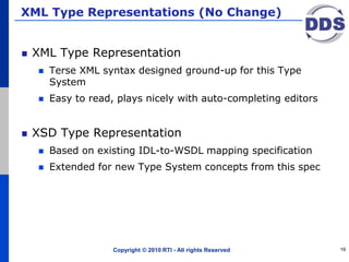 XML Type Representations (No Change)
XML Type Representation
 Terse XML syntax designed ground-up for this Type
System
 Easy to read, plays nicely with auto-completing editors
XSD Type Representation
 Based on existing IDL-to-WSDL mapping specification
 Extended for new Type System concepts from this spec
Copyright © 2010 RTI - All rights Reserved 19
 