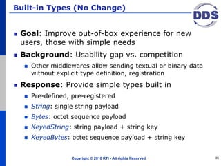 Built-in Types (No Change)
Goal: Improve out-of-box experience for new
users, those with simple needs
Background: Usability gap vs. competition
 Other middlewares allow sending textual or binary data
without explicit type definition, registration
Response: Provide simple types built in
 Pre-defined, pre-registered
 String: single string payload
 Bytes: octet sequence payload
 KeyedString: string payload + string key
 KeyedBytes: octet sequence payload + string key
Copyright © 2010 RTI - All rights Reserved 35
 