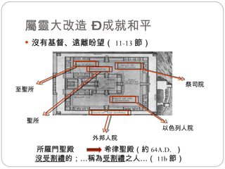 屬靈大改造 – 成就和平 沒有基督、遠離盼望（ 11-13 節） 聖所 祭司院 以色列人院 至聖所 外邦人院 所羅門聖殿  希律聖殿（約 64A.D.  ） 沒受割禮 的；…稱為 受割禮 之人… （ 11b 節） 