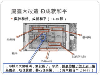 屬靈大改造 – 成就和平 與神和好、成就和平（ 14-18 節） … 耶穌又大聲喊叫，氣就斷了。 忽然， 殿裏的幔子從上到下裂為兩半 ，地也震動，磐石也崩裂，… （馬太福音二七 50-51 ） 