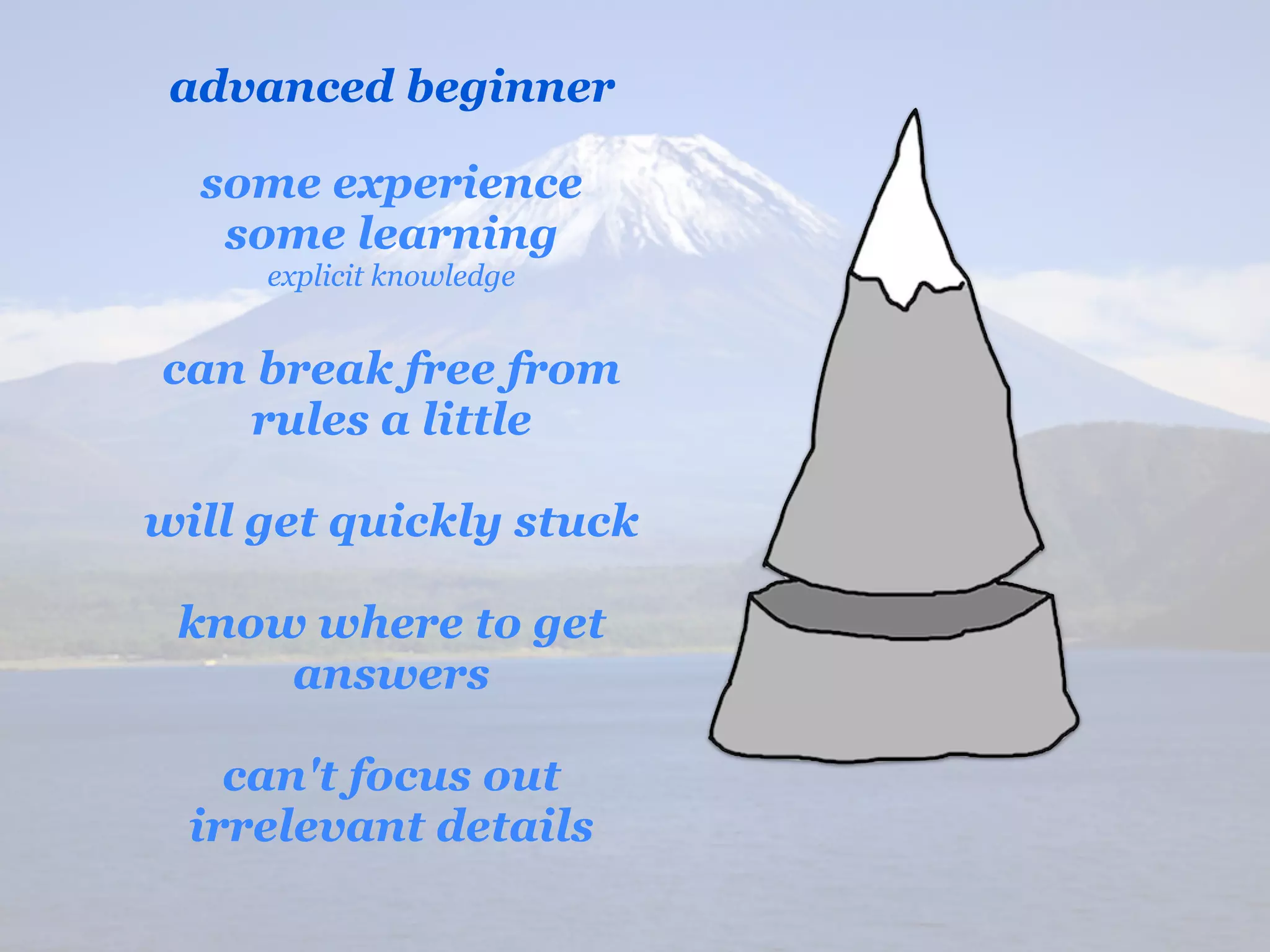 advanced beginner

  some experience
   some learning
     explicit knowledge


can break free from
   rules a little

will get quickly stuck

 know where to get
     answers

    can't focus out
  irrelevant details
 