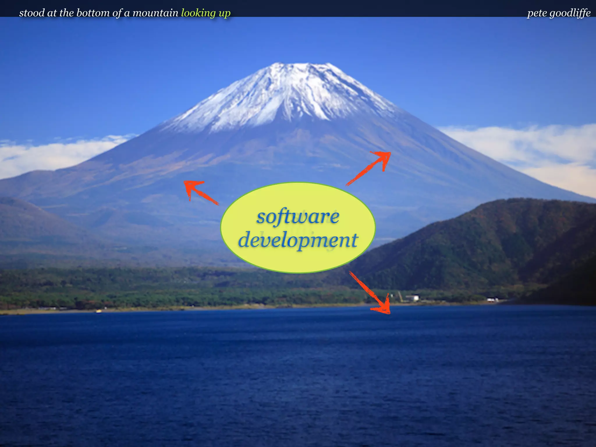 stood at the bottom of a mountain looking up                 pete goodliffe




                                                  we can
                                                 software
                                                 constant
                                                always get
                                                    fun
                                               development
                                                 learning
                                                   better
 