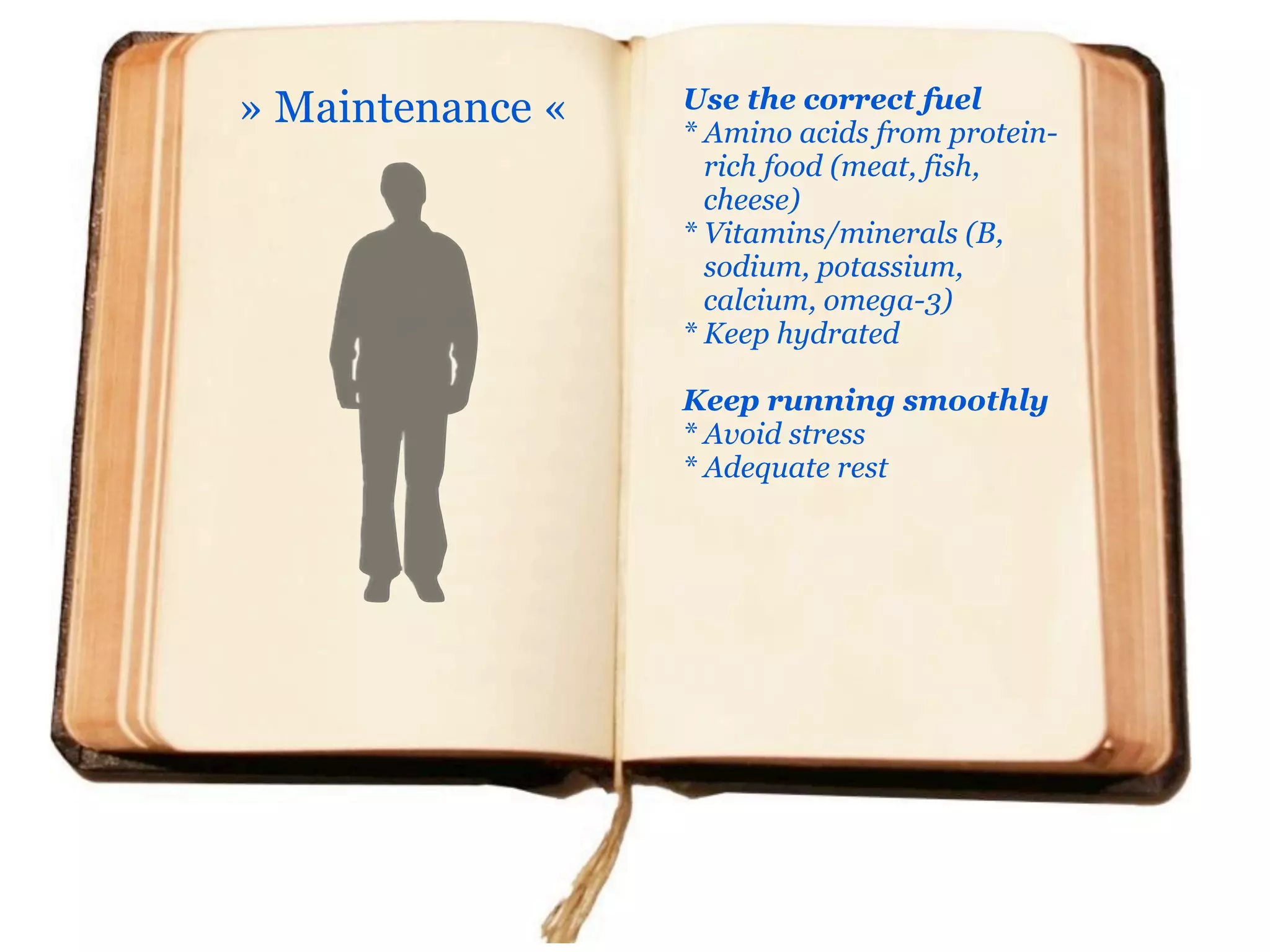 » Maintenance «   Use the correct fuel
                  * Amino acids from protein-
                    rich food (meat, fish,
                    cheese)
                  * Vitamins/minerals (B,
                    sodium, potassium,
                    calcium, omega-3)
                  * Keep hydrated

                  Keep running smoothly
                  * Avoid stress
                  * Adequate rest
 