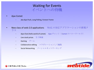 Waiting for Events イベントへの待機 Ajax Comet aka Ajax Push, Long Polling, Forever Frame New class of web-2.0 applications 　 Web2.0 対応アプリケーションの新規クラス Ajax Chat (hello world of comet) 　 Ajax チャット（ Comet のハローワールド） Live stock prices 　 生で株価 Gaming 　 ゲーム Collaborative editing 　 コラボレーションして編集 Social Networking 　 ソーシャルネットワーキング 