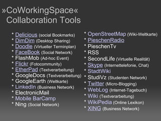      *  Delicious   (social Bookmarks)     *  DimDim   (Desktop Sharing)     *  Doodle   (Virtueller Terminplan)     *  FaceBook   (Social Network)     * FlashMob  (Ad-hoc Event)     *  Flickr   (Fotocommunity)     *  EtherPad   (Textverarbeitung)      * GoogleDocs  (Textverarbeitung)     * GoogleEarth  (Weltkarte)     *  LinkedIn  (Business Network)     * ElectronicMail       *  Mobile BarCamp     * Ning  (Social Network)      *  OpenStreetMap  (Wiki-Weltkarte)     *  PieschenRadio       * PieschenTv     * RSS     * SecondLife  (Virtuelle Realität)     *  Skype   (Internettelefonie, Chat)     *  StadtWiki     * StudiVz  (Studenten Network)     *  Twitter   (Micro-Blogging)     *  WebLog   (Internet-Tagebuch)     *  Wiki   (Textverarbeitung)     *  WikiPedia  (Online Lexikon)     *  XING   (Business Network) »CoWorkingSpace«   Collaboration Tools  