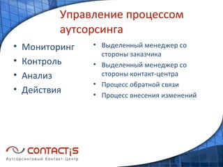 Управление процессом аутсорсинга Мониторинг Контроль Анализ Действия Выделенный менеджер со стороны заказчика Выделенный менеджер со стороны контакт-центра Процесс обратной связи Процесс внесения изменений 