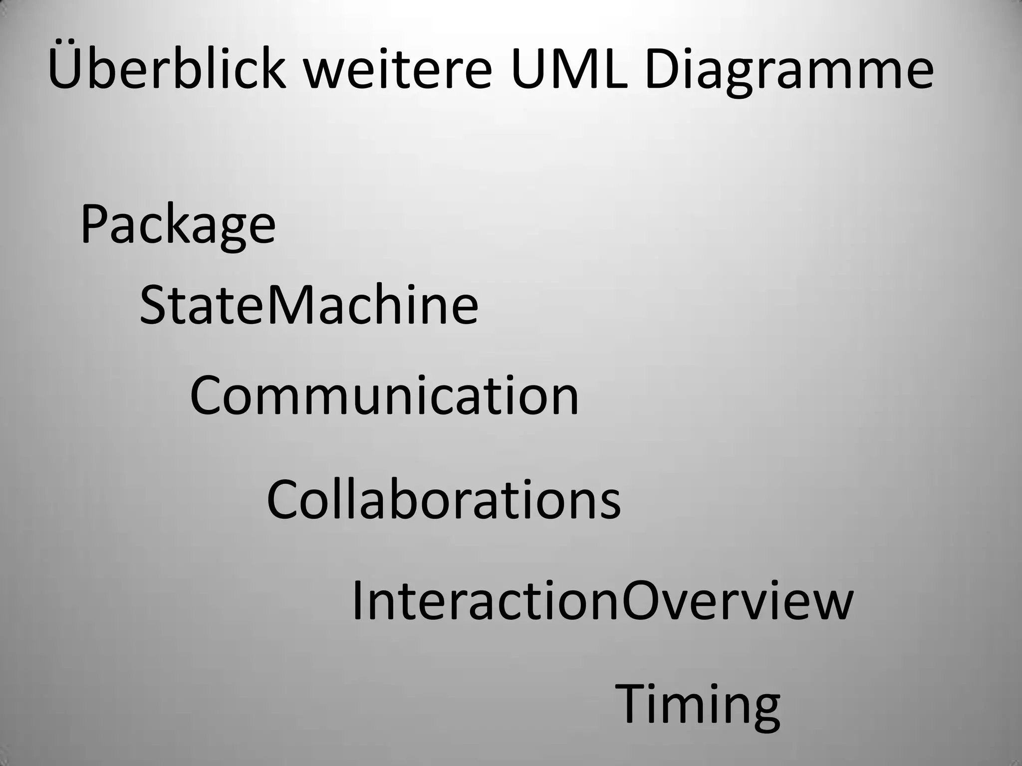 Überblick weitere UML DiagrammePackageStateMachineCommunicationCollaborationsInteractionOverviewTiming