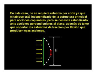 En este caso no se requiere refuerzo por corte ya que
         caso,
el tabique está independizado de la estructura principal
para acciones coplanares, pero se necesita estabilizarlo
ante acciones perpendiculares al plano, además de tener
   t     i            di l      l l       d á d t
que soportar los esfuerzos de tracción por flexión que
producen esas acciones.




                                h
 