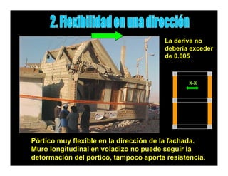 La deriva no
                                       debería exceder
                                       de 0 005
                                       d 0.005



                                               X-X




Pórtico muy flexible en la dirección de la fachada.
          y
Muro longitudinal en voladizo no puede seguir la
deformación del pórtico, tampoco aporta resistencia.
 