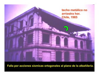 techo metálico no
                                          arriostra hor
                                                    hor.
                                          Chile, 1985




Falla por acciones sísmicas ortogonales al plano de la albañilería.
 