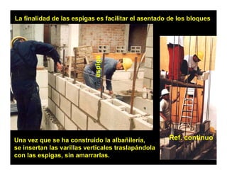 La finalidad de las espigas es facilitar el asentado de los bloques




                            espiga
                            e




Una vez que se ha construido la albañilería,
         q                                   ,      Ref. continuo
se insertan las varillas verticales traslapándola
con las espigas, sin amarrarlas.
 
