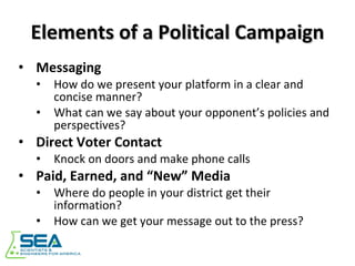 Elements of a Political Campaign Messaging How do we present your platform in a clear and concise manner? What can we say about your opponent’s policies and perspectives? Direct Voter Contact Knock on doors and make phone calls Paid, Earned, and “New” Media Where do people in your district get their information? How can we get your message out to the press? 