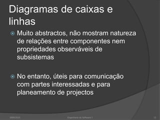 Diagramas de caixas e linhasMuito abstractos, não mostram natureza de relações entre componentes nem propriedades observáveis de subsistemasNo entanto, úteis para comunicação com partes interessadas e para planeamento de projectos2009/2010Engenharia do Software I13
