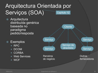 Arquitectura Orientada por Serviços (SOA)Arquitectura distribuída genérica baseada no paradigma pedido/respostaExemplosRPCDCOMCORBAWeb ServicesWCF2009/2010Engenharia do Software I28Capítulo 12ClienteServiçoServiçoServiçoServiçoServiço de directórioParceiros de negócioOutros fornecedores