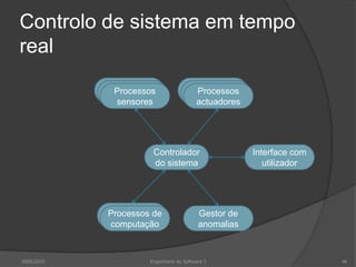 Controlo de sistema em tempo real2009/201046Engenharia do Software IProcessos sensoresProcessos actuadoresControlador do sistemaInterface com utilizadorProcessos de computaçãoGestor de anomalias