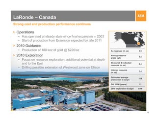 LaRonde – Canada
Strong cost and production performance continues

> Operations
   • Has operated at steady state since final expansion in 2003
   • Start of production from Extension expected by late 2011
> 2010 Guidance
   • Production of 180 koz of gold @ $220/oz                        Au reserves (m oz)        4.9

> 2010 Exploration                                                  Average reserve
                                                                                              4.5
                                                                    grade (g/t)
   • Focus on resource exploration, additional potential at depth
     and to the East                                                Measured & Indicated
                                                                                              0.4
                                                                    resource (m oz)
   • Drilling possible extension of Westwood zone on Ellison
                                                                    Inferred resource
                                                                                              1.4
                                                                    (m oz)

                                                                    Estimated average
                                                                                              314
                                                                    production (k oz/yr)

                                                                    Est. LOM (years)          13

                                                                    2010 exploration budget   $4M




                                                                                                    16
 