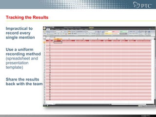 Tracking the Results

Impractical to
record every
single mention

Use a uniform
recording method
(spreadsheet and
presentation
template)

Share the results
back with the team




                       © 2009 PTC
 
