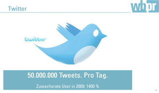 Weblogs<br />10<br />Weltweit: 200 Mio Blogs.<br />In Deutschland twittern 73 % aller Blogger.<br />