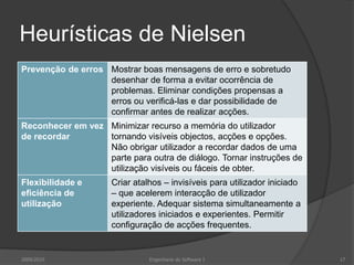Heurísticas de Nielsen
Prevenção de erros Mostrar boas mensagens de erro e sobretudo
desenhar de forma a evitar ocorrência de
problemas. Eliminar condições propensas a
erros ou verificá-las e dar possibilidade de
confirmar antes de realizar acções.
Reconhecer em vez Minimizar recurso a memória do utilizador
de recordar
tornando visíveis objectos, acções e opções.
Não obrigar utilizador a recordar dados de uma
parte para outra de diálogo. Tornar instruções de
utilização visíveis ou fáceis de obter.
Flexibilidade e
eficiência de
utilização

2009/2010

Criar atalhos – invisíveis para utilizador iniciado
– que acelerem interacção de utilizador
experiente. Adequar sistema simultaneamente a
utilizadores iniciados e experientes. Permitir
configuração de acções frequentes.

Engenharia do Software I

17

 