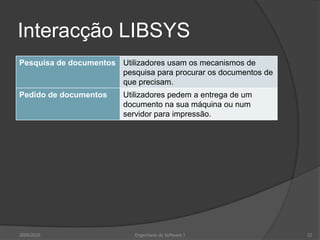 Interacção LIBSYS
Pesquisa de documentos Utilizadores usam os mecanismos de
pesquisa para procurar os documentos de
que precisam.
Pedido de documentos

2009/2010

Utilizadores pedem a entrega de um
documento na sua máquina ou num
servidor para impressão.

Engenharia do Software I

23

 