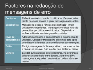 Factores na redacção de
mensagens de erro
Contexto

Reflectir contexto corrente do utilizador. Deve-se estar
ciente das suas acções e gerar mensagens relevantes.

Experiência

Mensagens longas e “cheias de significado” irritam
utilizadores experientes. Mensagens concisas não são
percebidas por utilizadores iniciados. Disponibilizar
ambas: utilizador controla grau de concisão.

Nível de
Adequar mensagens a competências e experiência do
competência utilizador. Conceber mensagens diferentes para tipos
de utilizador diferentes usando diferentes terminologias.
Estilo

Redigir mensagens de forma positiva. Usar a voz activa
e não a voz passiva. Não insultar nem tentar ter piada.

Cultura

Estudar culturas locais dos utilizadores. Há diferenças
culturais assinaláveis entre Europa, Ásia e os EUA:
mensagens adequadas numa cultura podem não o ser
noutra.

2009/2010

Engenharia do Software I

42

 