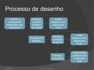Processo de desenho
Analisar e
compreender
actividades dos
utilizadores

Produzir
primeiro
protótipo
em papel

Avaliar
desenho com
utilizadores
finais

2009/2010

Avaliar
desenho com
utilizadores
finais

Protótipo
executável

Protótipo de
desenho

Produzir
protótipo
dinâmico

Implementar
interface com
o utilizador
final

Engenharia do Software I

48

 