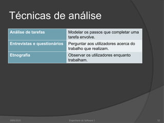 Técnicas de análise
Análise de tarefas

Modelar os passos que completar uma
tarefa envolve.

Entrevistas e questionários

Perguntar aos utilizadores acerca do
trabalho que realizam.

Etnografia

Observar os utilizadores enquanto
trabalham.

2009/2010

Engenharia do Software I

52

 