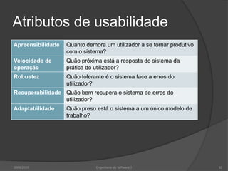 Atributos de usabilidade
Apreensibilidade

Quanto demora um utilizador a se tornar produtivo
com o sistema?

Velocidade de
operação

Quão próxima está a resposta do sistema da
prática do utilizador?

Robustez

Quão tolerante é o sistema face a erros do
utilizador?

Recuperabilidade Quão bem recupera o sistema de erros do
utilizador?
Adaptabilidade

2009/2010

Quão preso está o sistema a um único modelo de
trabalho?

Engenharia do Software I

62

 