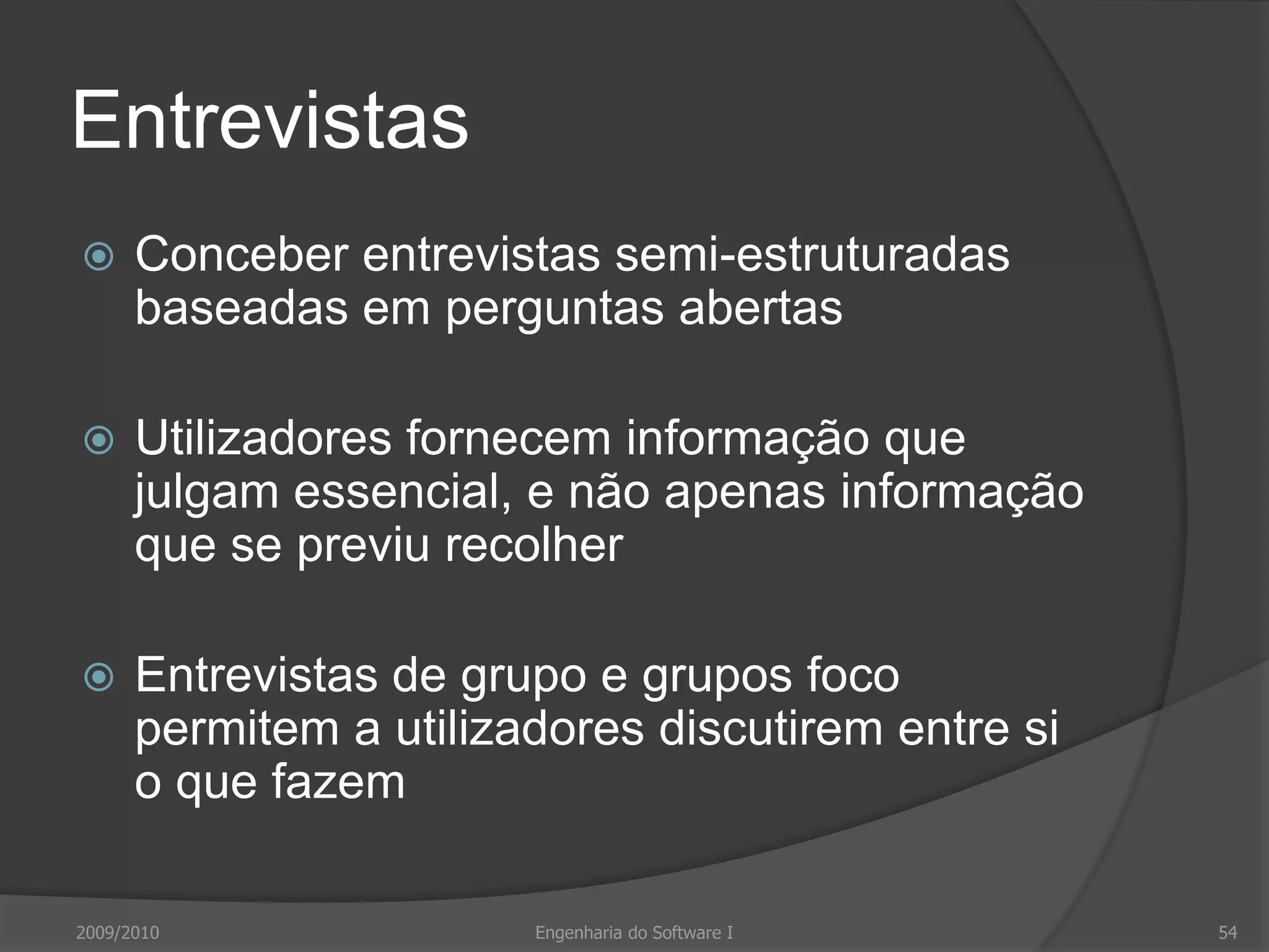 Cenário de interacção com o utilizadorA Joana é aluna de Estudos Religiosos. Está a trabalhar num ensaio sobre arquitectura indiana e sobre a forma como foi influenciada pela prática religiosa. Para melhor compreender o assunto, gostaria de aceder a fotografias de pormenores de edifícios importantes. No entanto, não conseguiu encontrar nada de relevante na sua biblioteca local.Aborda o bibliotecário para discutir as suas necessidades. Este sugere-lhe alguns termos de pesquisa. Também lhe sugere algumas bibliotecas em Nova Deli e Londres que talvez tenham o material desejado. Entram nos catálogos da biblioteca e fazem pesquisas com esses termos. Encontram algum material e fazem um pedido para serem enviadas directamente à Joana fotocópias das fotografias com pormenores arquitectónicos que encontraram.2009/2010Engenharia do Software I50
