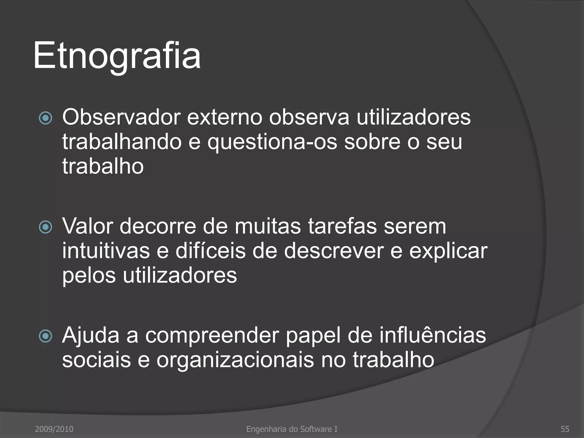 Requisitos do cenárioUtilizadores podem não estar cientes de termos de pesquisa mais apropriadosPrecisam de ajuda na escolha dos termosTêm de poder escolher colecções a pesquisarTêm de poder pesquisar e pedir cópias do material relevante encontrado2009/2010Engenharia do Software I51