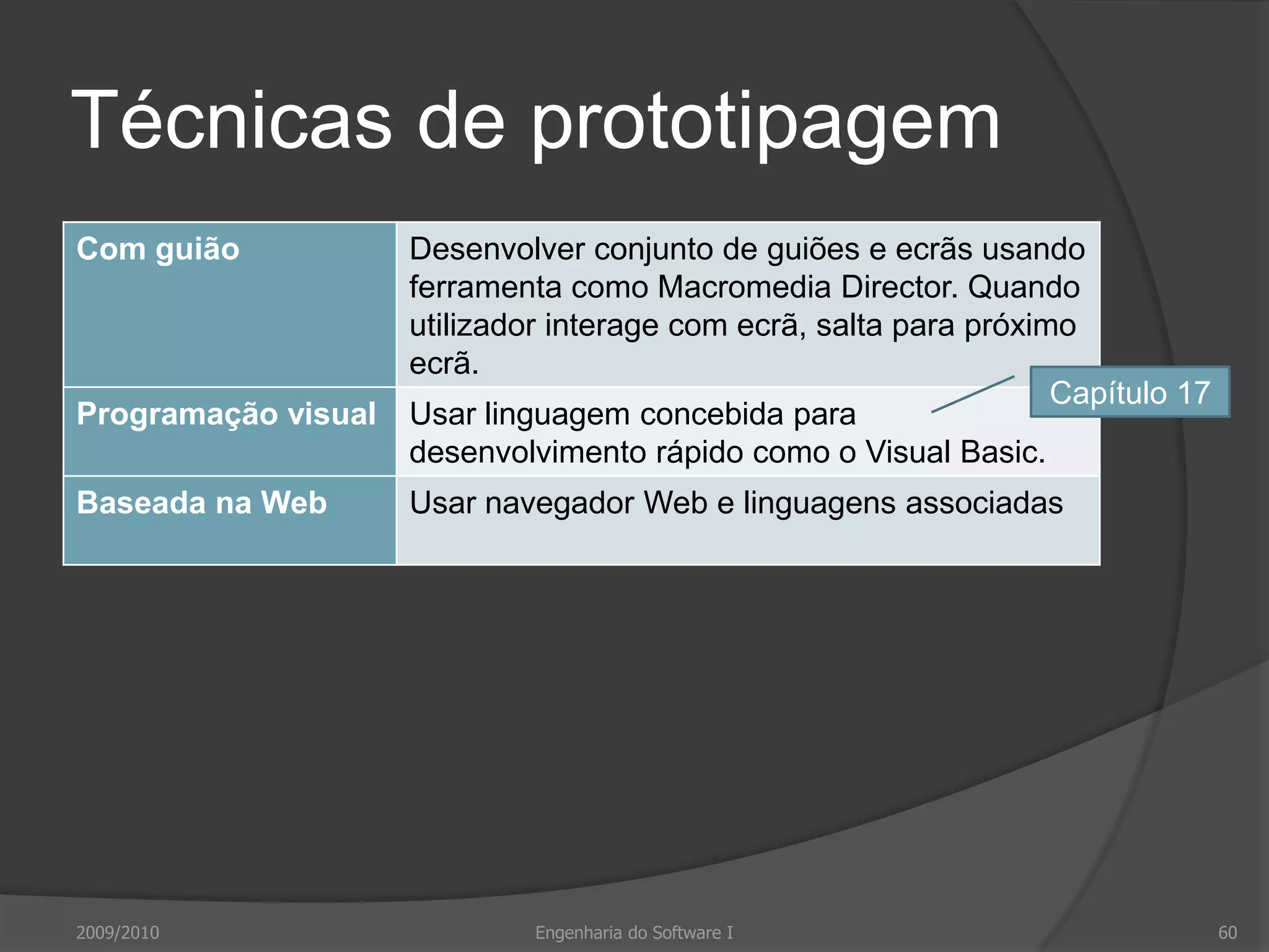 Registos etnográficosO controlo do tráfego aéreo usa um determinado número de ‘pacotes’ em que os pacotes de controlo de sectores adjacentes do espaço aéreo são fisicamente colocados lado a lado. Os voos num sector são representados por tiras de papel enfiadas nas ranhuras de um suporte de madeira por uma ordem que reflecte a sua posição no sector. Se não houver suficientes ranhuras num suporte (e.g., o espaço aéreo está muito intenso), os controladores espalham as tiras na secretária em frente do suporte.Enquanto observávamos os controladores, notámos que os controladores olhavam regularmente para os suportes de tiras no sector adjacente. Chamámos a atenção para este facto e perguntámos-lhes porque o faziam. Responderam que, quando um controlador adjacente tem tiras na sua secretária, há muitos voos que se preparam para entrar no seu sector. Quando isso acontece, eles tentam acelerar a velocidade das aeronaves no seu sector para ‘fazer espaço’ para os voos que para ele se dirigem.2009/2010Engenharia do Software I56