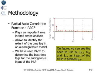 Methodology
 Partial Auto Correlation
  Function : PACF
  – Plays an important role
    in time series analysis
  – Allows to identify the
    extent of the time lag in
    an autoregressive model                       On figure, we can see the
  – We have used PACF to                          need to use St, St-1, St-2
    determine the best time                       and St-3 as input of the
    lags for the endogenous                       MLP to predict St+1.
    input of the MLP

          9th EEEIC Conference, 16-19 May 2010, Prague, Czech Republic     8/12
 