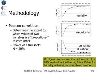 Methodology                                                                humidity


 Pearson correlation
  – Determines the extent to
                                                                            nebulosity
    which values of two
    variables are "proportional"
    to each other
  – Choice of a threshold                                                     sunshine
    R = 20%                                                                  duration


                                    On figure, we can see that a threshold R =
                                    20% implies that the time lag 1 is sufficient for
                                    humidity, nebulosity and sunshine duration

             9th EEEIC Conference, 16-19 May 2010, Prague, Czech Republic                9/12
 