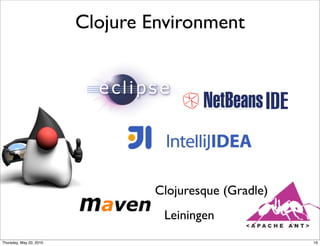 Clojure Environment




                                 Clojuresque (Gradle)
                                  Leiningen
Thursday, May 20, 2010                                  16
 