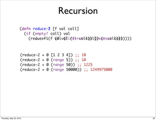 Recursion
                    (defn reduce-2 [f val coll]
                          reduce-1
                      (if (empty? coll) val
                        (reduce-1 f (f (first coll)) (rest coll))))
                        (recur f (f valval (first coll)) (rest coll))))



                     (reduce-2   +   0   [1 2 3   4]) ;; 10
                     (reduce-2   +   0   (range   5)) ;; 10
                     (reduce-2   +   0   (range   50)) ;; 1225
                     (reduce-2   +   0   (range   50000)) ;; 1249975000




Thursday, May 20, 2010                                                    26
 