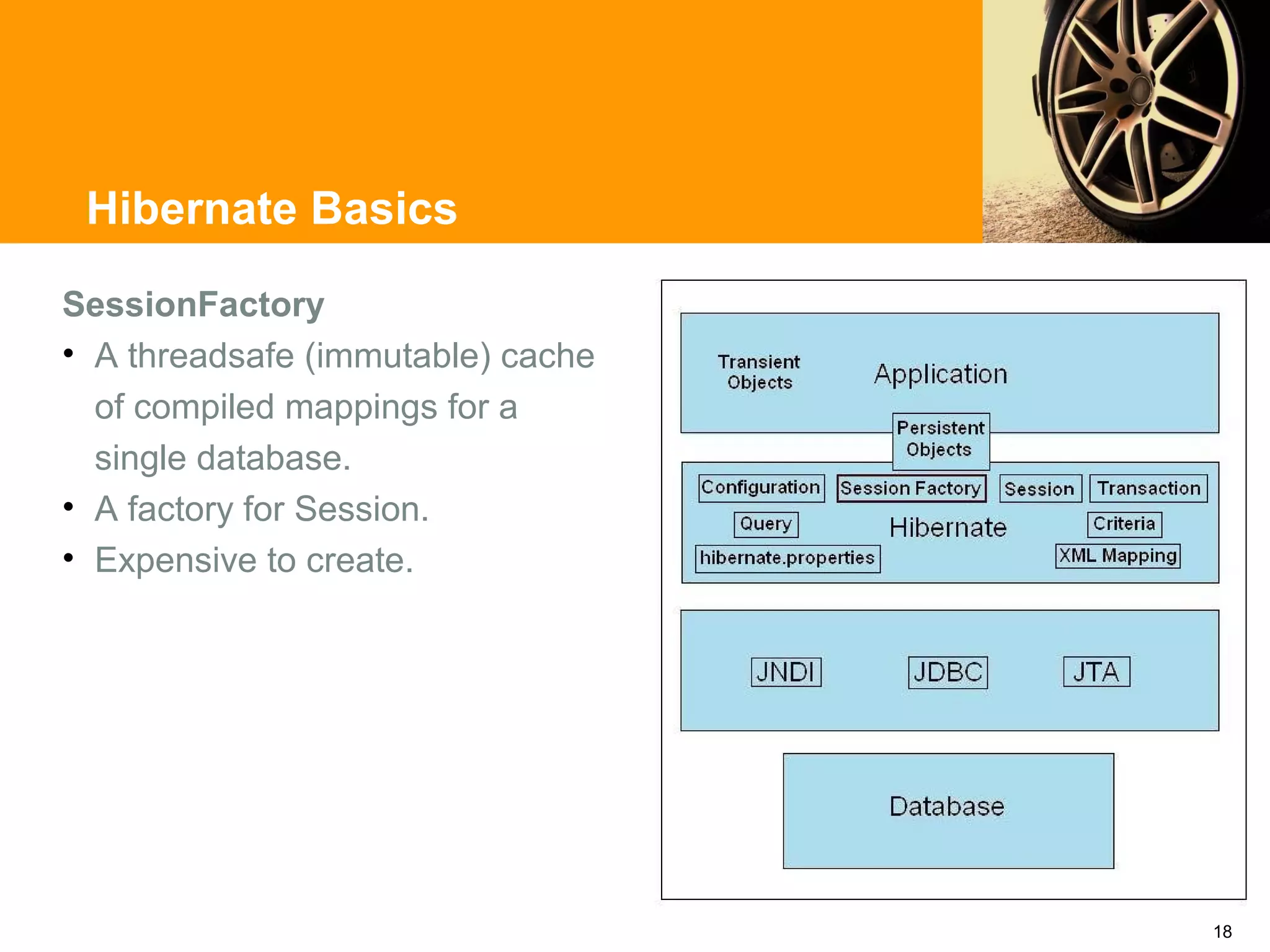 Hibernate Basics

SessionFactory
• A threadsafe (immutable) cache
  of compiled mappings for a
  single database.
• A factory for Session.
• Expensive to create.




                                   18
 