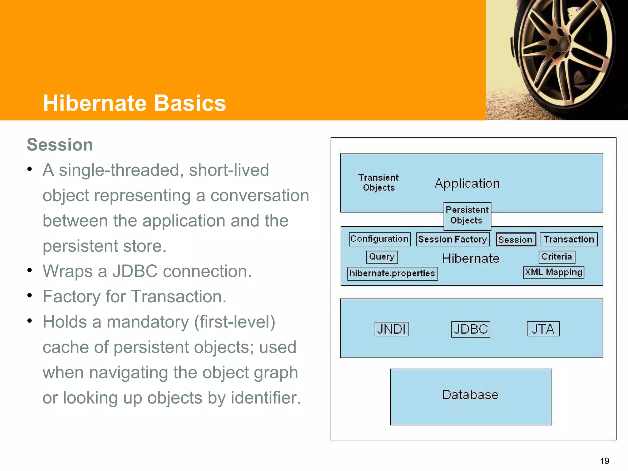 Hibernate Basics
Session
• A single-threaded, short-lived
  object representing a conversation
  between the application and the
  persistent store.
• Wraps a JDBC connection.
• Factory for Transaction.
• Holds a mandatory (first-level)
  cache of persistent objects; used
  when navigating the object graph
  or looking up objects by identifier.


                                         19
 