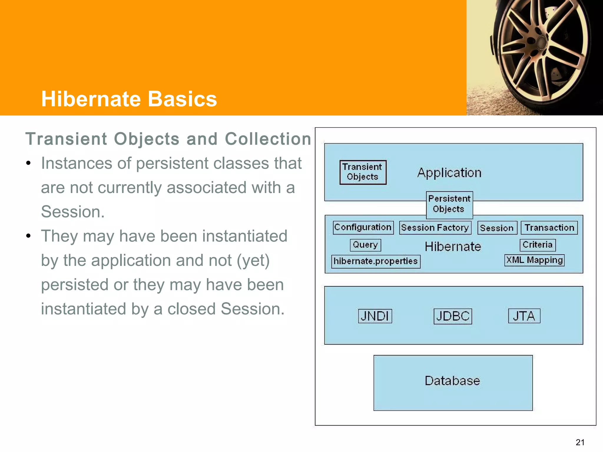 Hibernate Basics
Transient Objects and Collections
• Instances of persistent classes that
  are not currently associated with a
  Session.
• They may have been instantiated
  by the application and not (yet)
  persisted or they may have been
  instantiated by a closed Session.




                                         21
 
