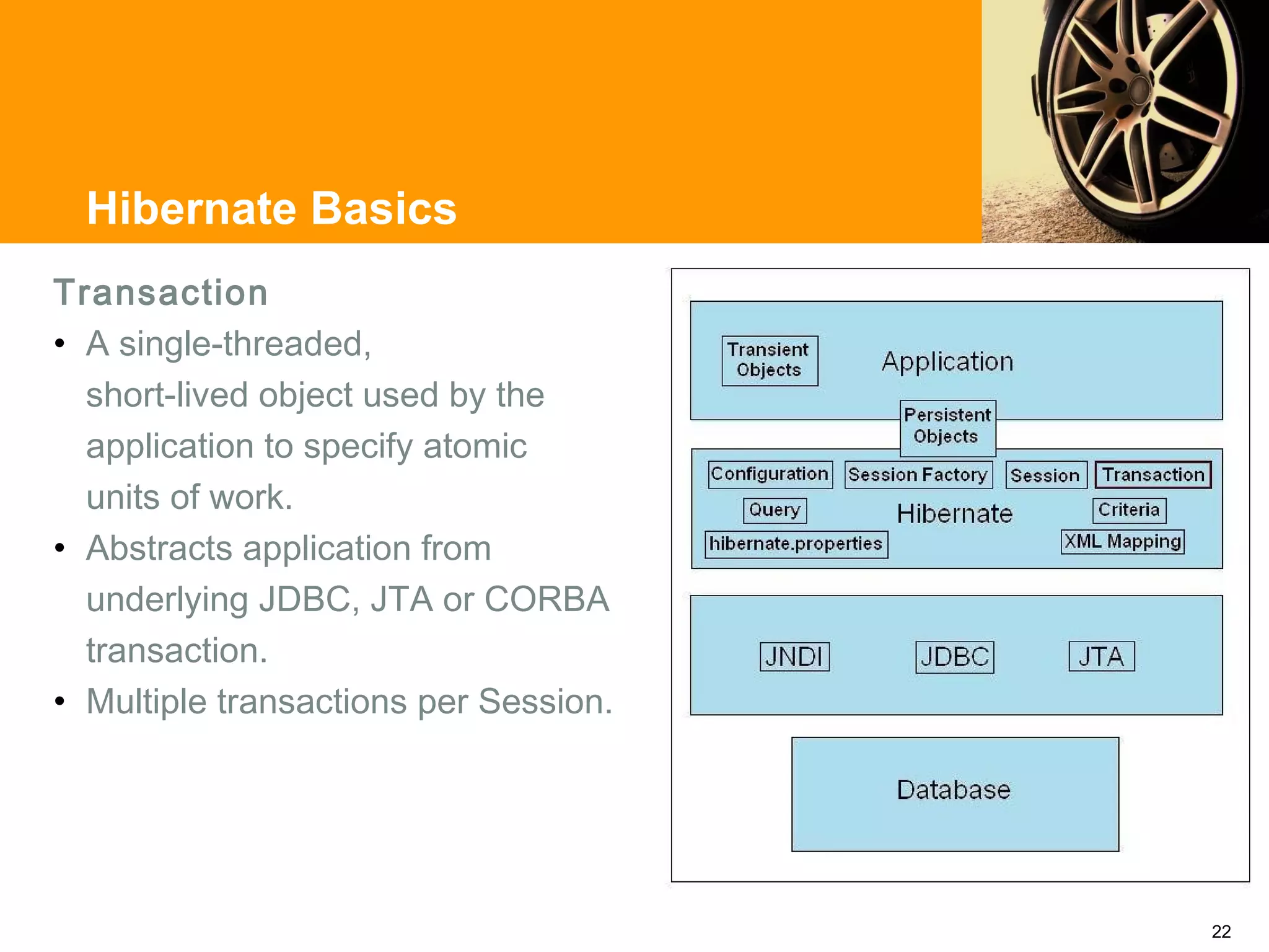 Hibernate Basics
Transaction
• A single-threaded,
  short-lived object used by the
  application to specify atomic
  units of work.
• Abstracts application from
  underlying JDBC, JTA or CORBA
  transaction.
• Multiple transactions per Session.




                                       22
 