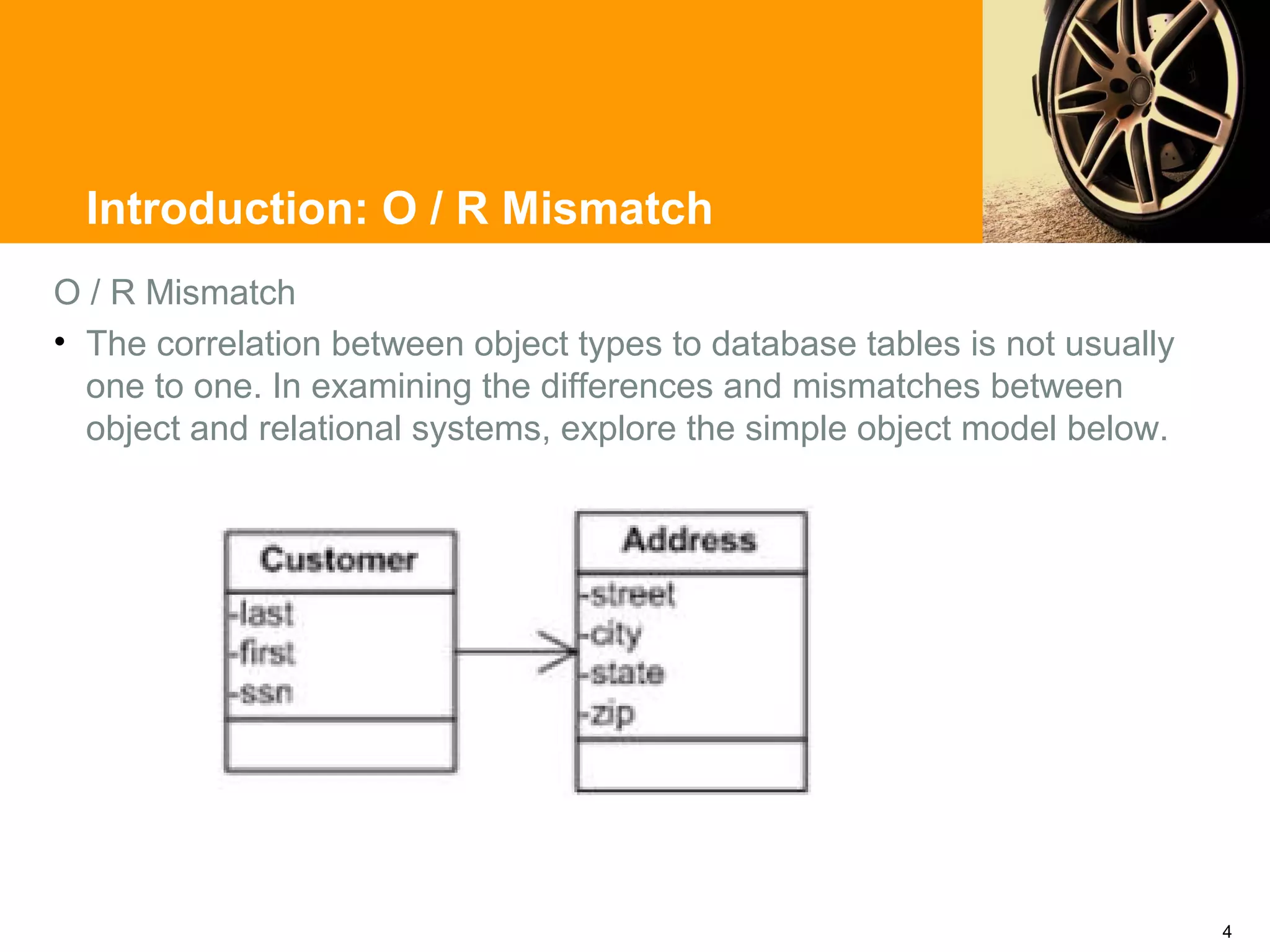 Introduction: O / R Mismatch
O / R Mismatch
• The correlation between object types to database tables is not usually
  one to one. In examining the differences and mismatches between
  object and relational systems, explore the simple object model below.




                                                                           4
 