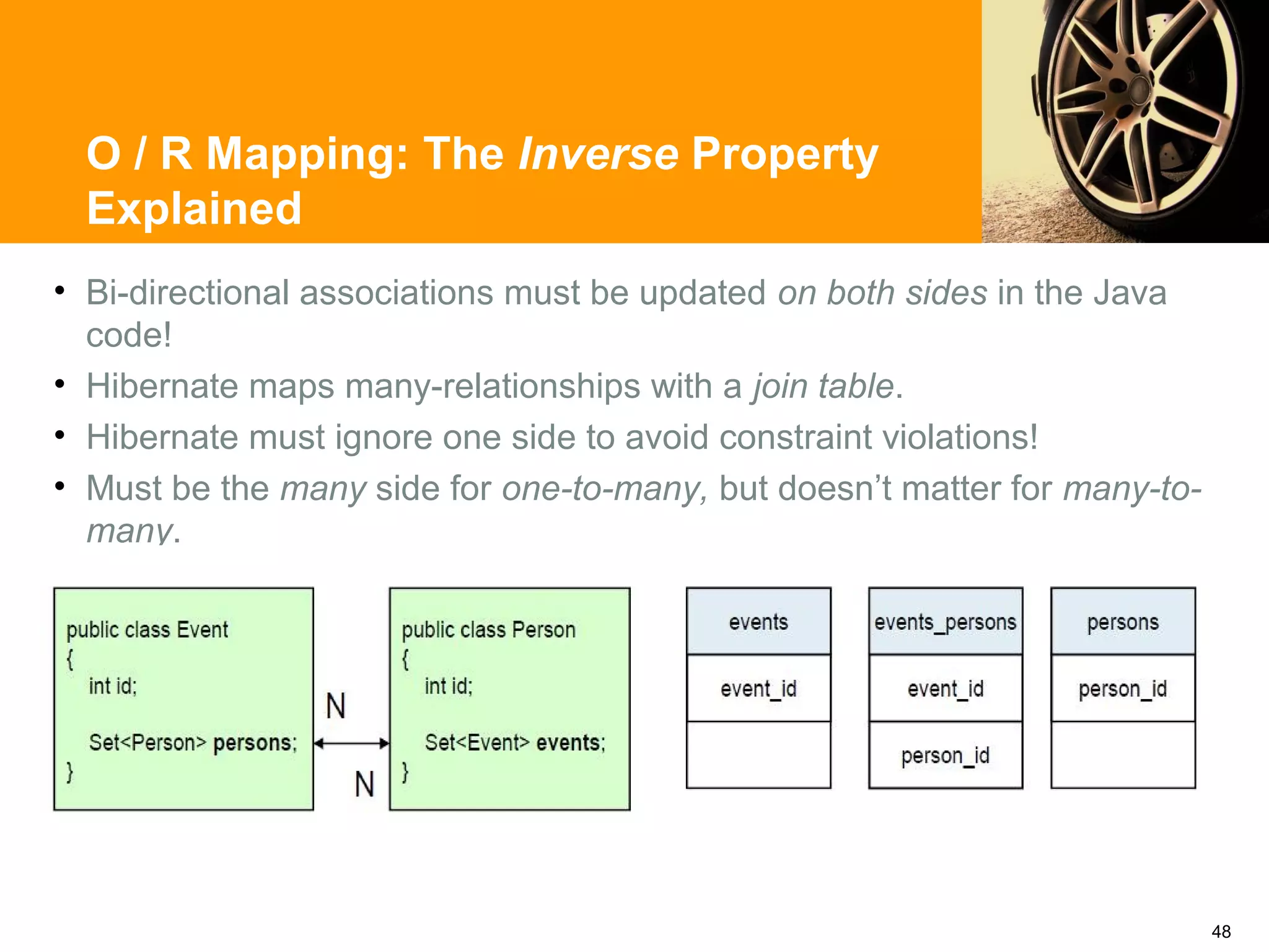 O / R Mapping: The Inverse Property
  Explained
• Bi-directional associations must be updated on both sides in the Java
  code!
• Hibernate maps many-relationships with a join table.
• Hibernate must ignore one side to avoid constraint violations!
• Must be the many side for one-to-many, but doesn’t matter for many-to-
  many.




                                                                           48
 