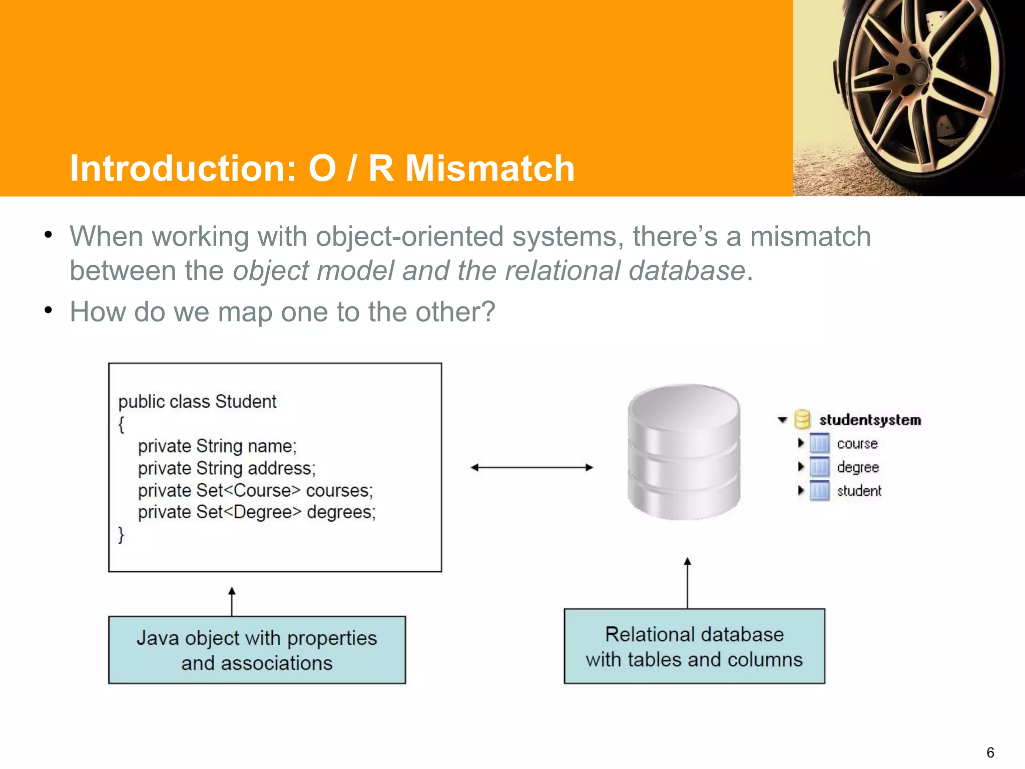 Introduction: O / R Mismatch
• When working with object-oriented systems, there’s a mismatch
  between the object model and the relational database.
• How do we map one to the other?




                                                                  6
 