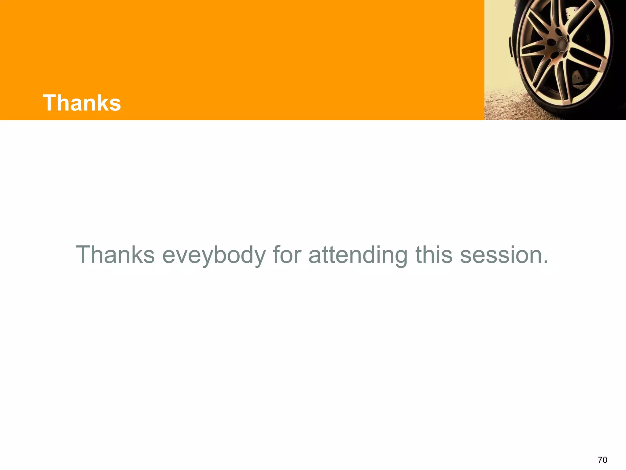 Thanks




  Thanks eveybody for attending this session.




                                                70
 