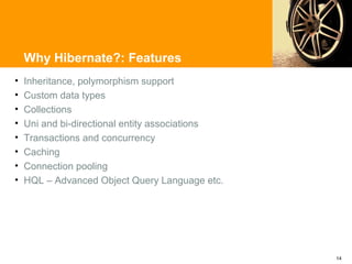 Why Hibernate?: Features
•   Inheritance, polymorphism support
•   Custom data types
•   Collections
•   Uni and bi-directional entity associations
•   Transactions and concurrency
•   Caching
•   Connection pooling
•   HQL – Advanced Object Query Language etc.




                                                 14
 
