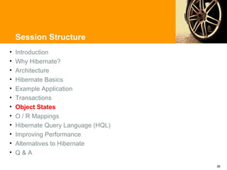 Session Structure
•   Introduction
•   Why Hibernate?
•   Architecture
•   Hibernate Basics
•   Example Application
•   Transactions
•   Object States
•   O / R Mappings
•   Hibernate Query Language (HQL)
•   Improving Performance
•   Alternatives to Hibernate
•   Q&A

                                     36
 