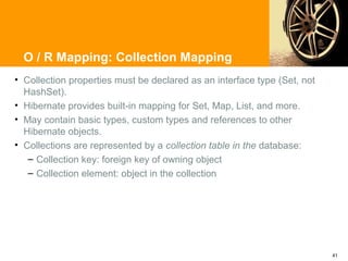 O / R Mapping: Collection Mapping
• Collection properties must be declared as an interface type (Set, not
  HashSet).
• Hibernate provides built-in mapping for Set, Map, List, and more.
• May contain basic types, custom types and references to other
  Hibernate objects.
• Collections are represented by a collection table in the database:
   – Collection key: foreign key of owning object
   – Collection element: object in the collection




                                                                          41
 