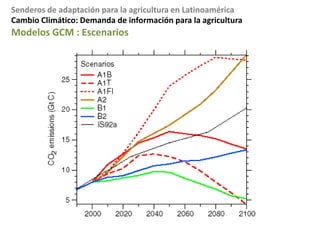 Cambio Climático: Demanda de información para la agriculturaLa demanda - certidumbreLos cultivos son suprememente sensibles a sus condiciones climaticosPara adaptaciones especificos, necesitamos alta certidumbreFaltando certidumbre, trabajamos en resiliencia (pero es mas dificil)