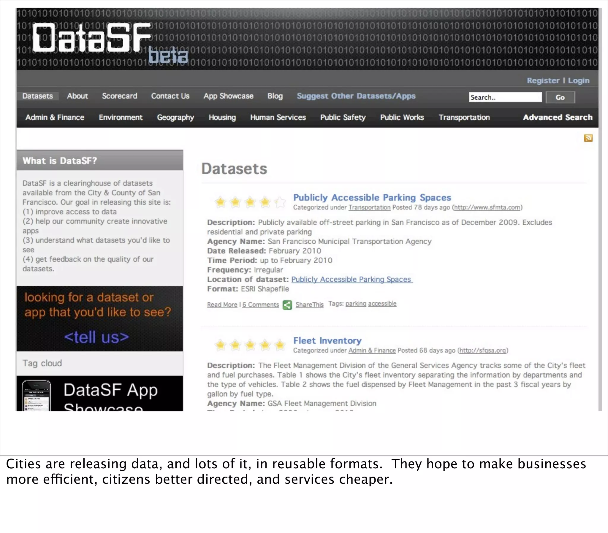 Cities are releasing data, and lots of it, in reusable formats. They hope to make businesses
more efficient, citizens better directed, and services cheaper.
 