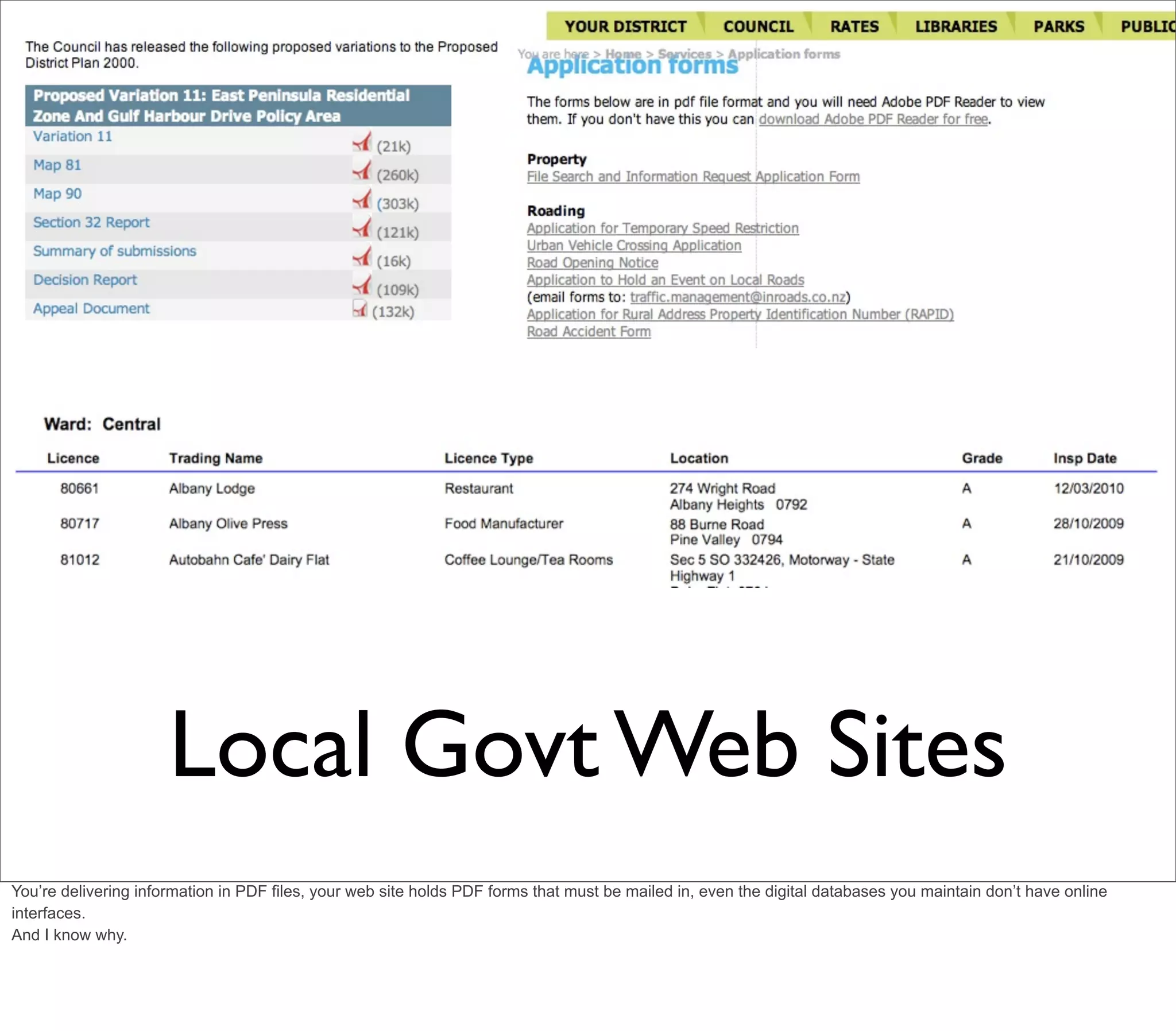 Local Govt Web Sites
You’re delivering information in PDF files, your web site holds PDF forms that must be mailed in, even the digital databases you maintain don’t have online
interfaces.
And I know why.
 