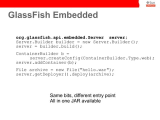 GlassFish Embedded
@BeforeClass public static void initContainer() {
org.glassfish.api.embedded.Server server;
Server.Buil...